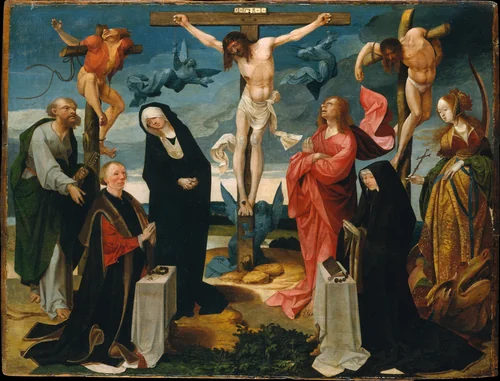The Crucifixion with Donors and Saints Peter and Margaret of Antioch by Cornelis Engebrechtsz, painting, 1525-1530
