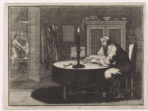 Joannes Columbinus van Siena leest bij kaarslicht het verhaal van de H. Maria van Egypte by Caspar Luyken, print, 1704