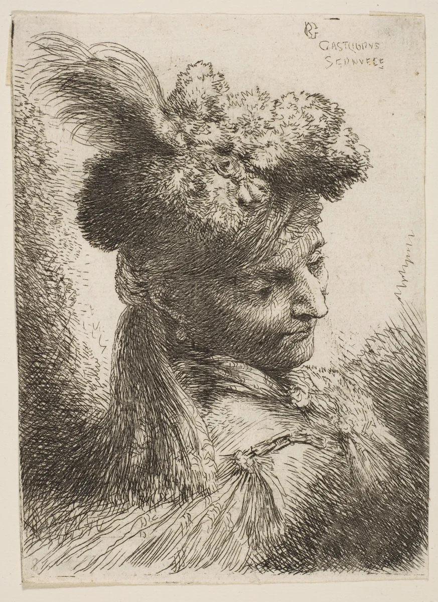 Young man facing three quaters right wearing a fur headdress with a plume, jewel and a headband, from "Small Heads in Oriental Headdress" by Giovanni Benedetto Castiglione, print, 1640-1650