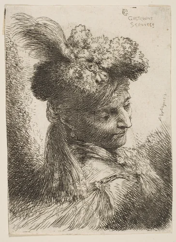 Young man facing three quaters right wearing a fur headdress with a plume, jewel and a headband, from "Small Heads in Oriental Headdress" by Giovanni Benedetto Castiglione, print, 1640-1650