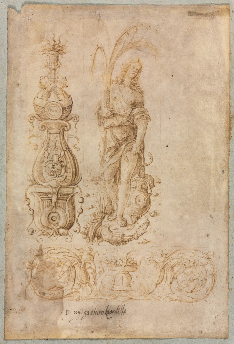 Design for a Candelabrum, Allegorical Figure of Abundance, Ornamental Relief Design by Bernardo Parentino, drawing, 1490-1499