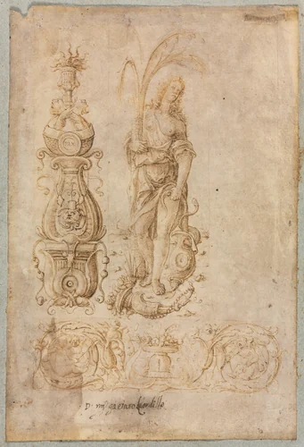 Design for a Candelabrum, Allegorical Figure of Abundance, Ornamental Relief Design by Bernardo Parentino, drawing, 1490-1499