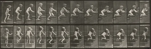 Plate Number 474. Child walking up stairs, kneeling and reaching for vase by Eadweard Muybridge, photograph, 1887