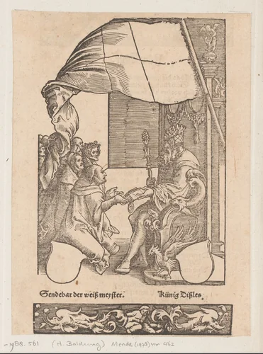 Hertog spreekt recht uit en een fries met een jongen en twee dolfijnen by anonymous, print, 1539