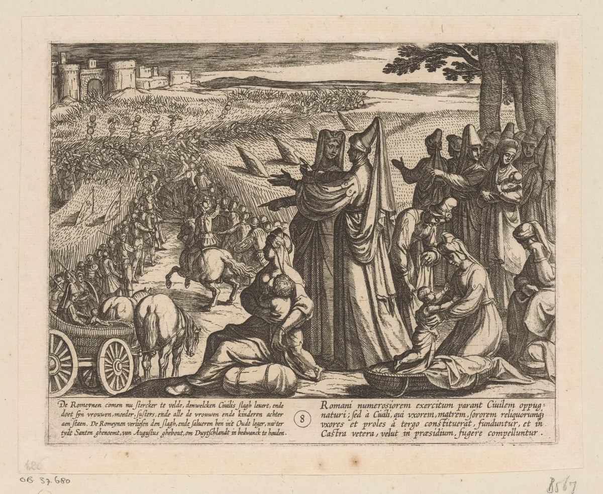 Vrouwen en kinderen zien toe hoe Civilis bij Xanten slag levert met de Romeinen, 69-70 by Antonio Tempesta, print, 1612