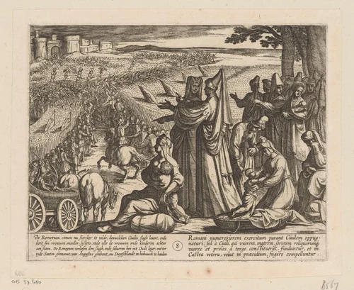 Vrouwen en kinderen zien toe hoe Civilis bij Xanten slag levert met de Romeinen, 69-70 by Antonio Tempesta, print, 1612