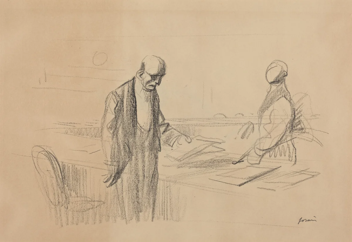 a) At the Conference (recto); b) Reclining Figure (verso) by Jean-Louis Forain, drawing, 1919