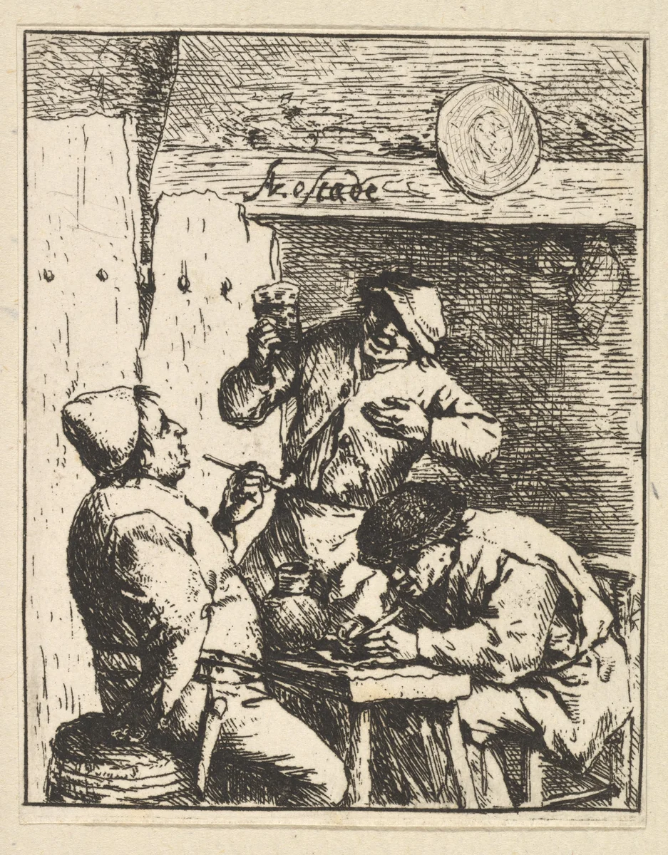 Singer Standing Between Two Smokers by Adriaen van Ostade, print, 1610-1685