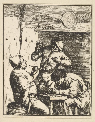 Singer Standing Between Two Smokers by Adriaen van Ostade, print, 1610-1685