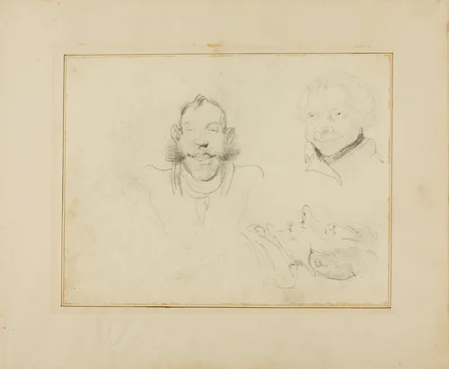 Three Caricatures of Heads by Jean Louis André Théodore Géricault or Horace Vernet, drawing, 1818-1819