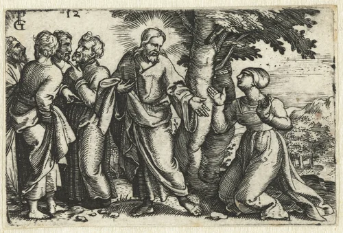 Christus geneest de bloedvloeiende vrouw by Unknown, print, 1534-1535