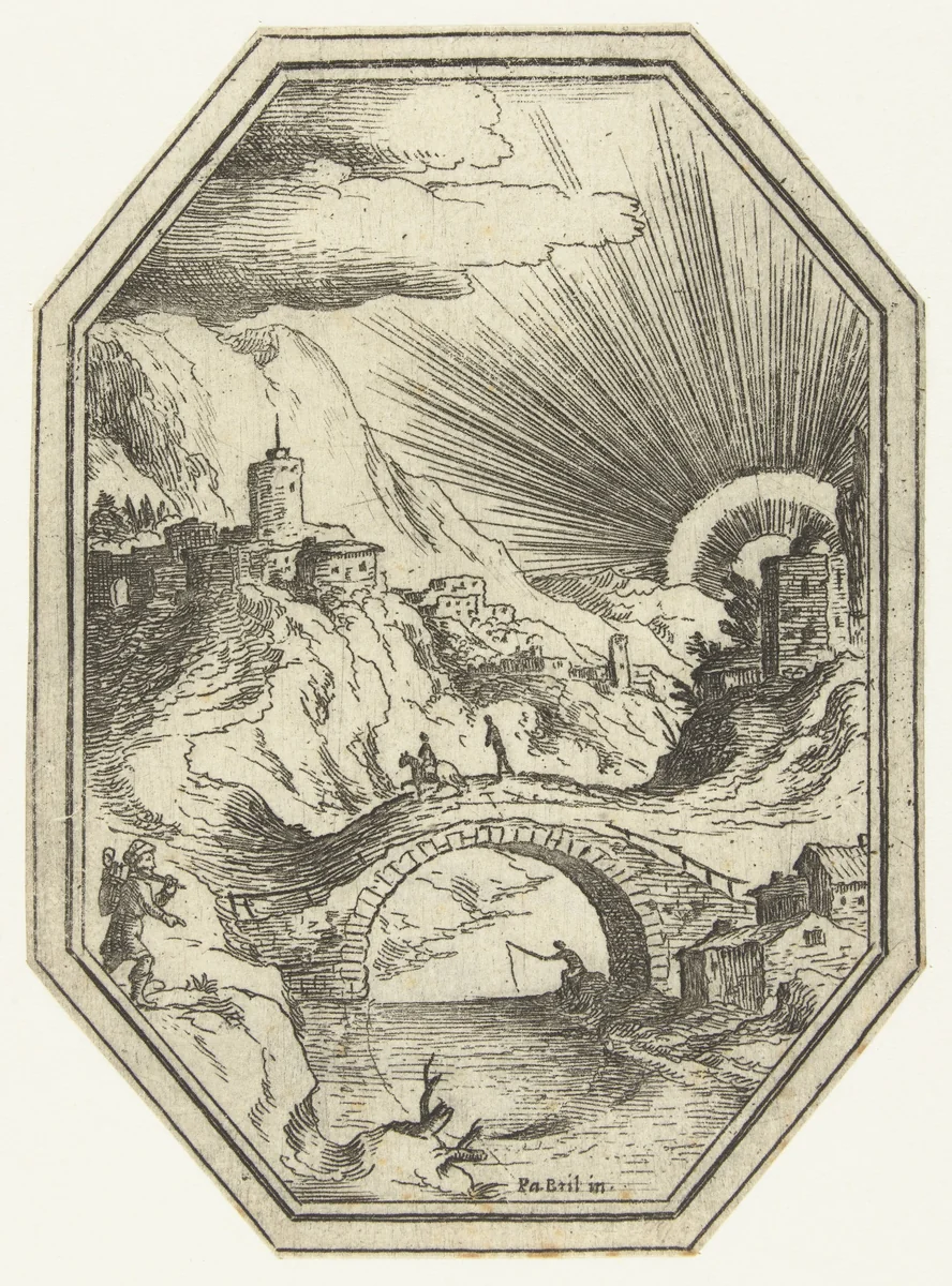 Landschap met stenen brug in octagonaal kader by Unknown, print, 1582-1626