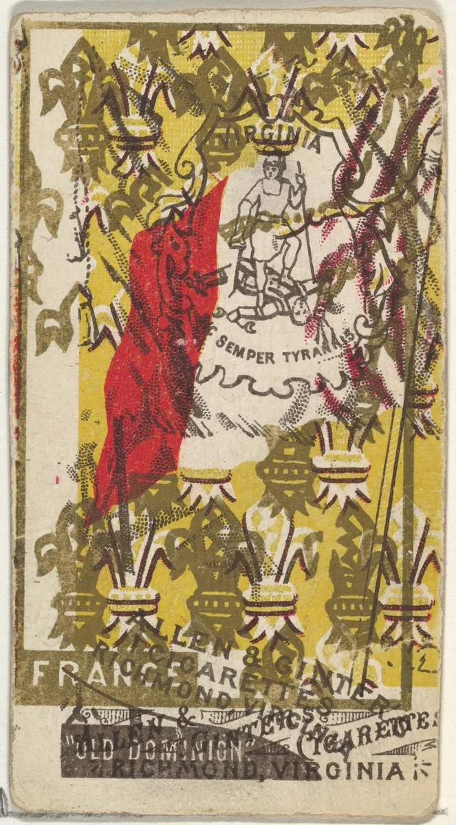 Virginia and France (double-printed card), from Flags of All Nations, Series 1 (N9) for Allen & Ginter Cigarettes Brands by Allen & Ginter, print, 1887