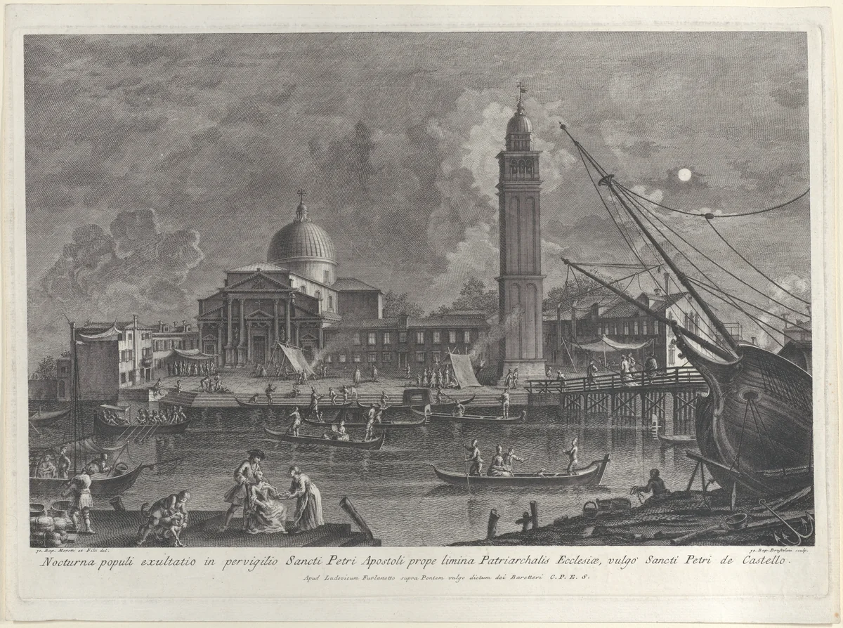 Nocturnal view of the gondolas' procession in front of the Basilica of San Pietro di Castello by Giovanni Battista Brustolon, print, 1763