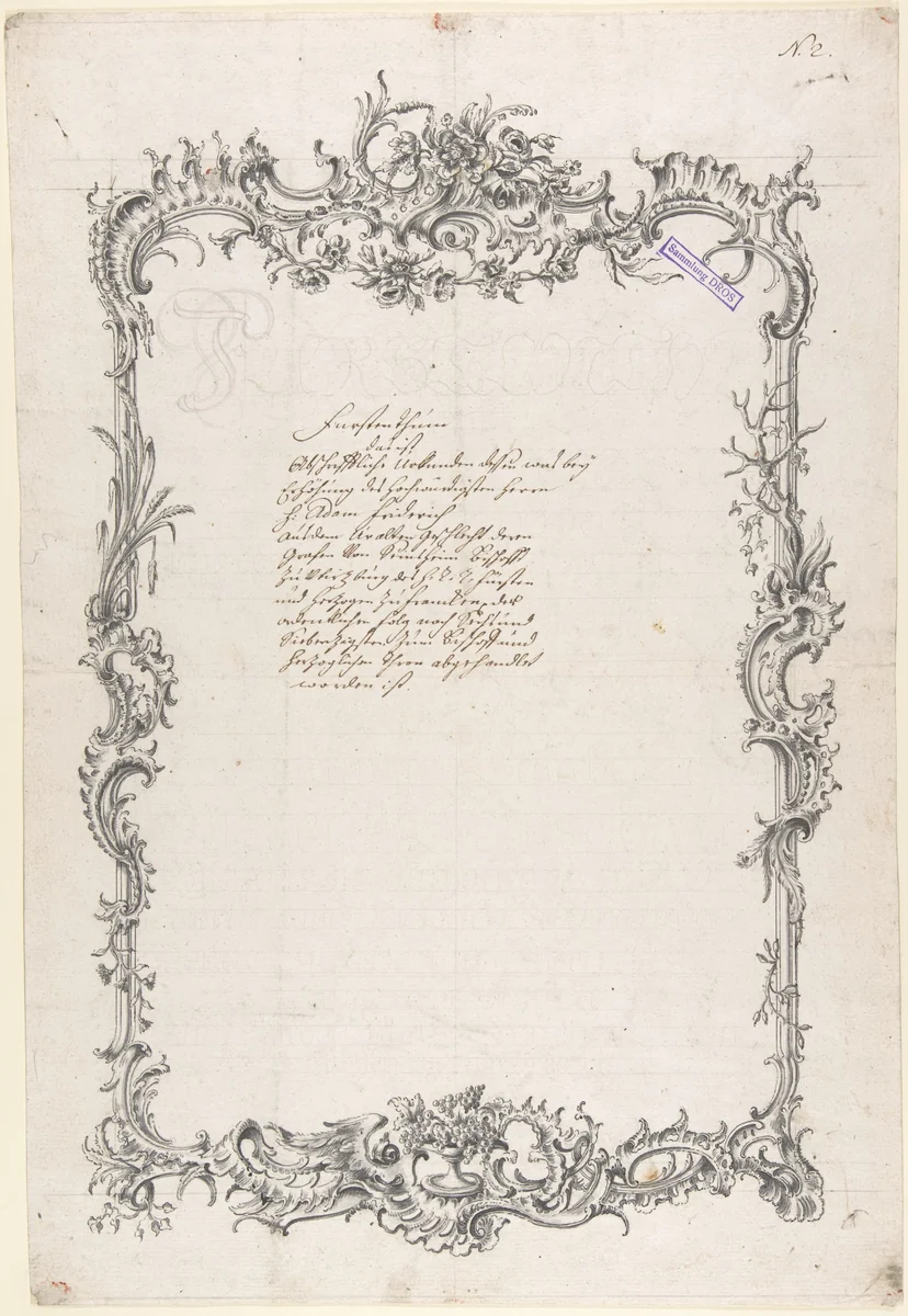 Design for a Frame with Flowers, Feathers, Leaves, and Grapes by Johann Oktavian Salver, drawing, 1750-1788