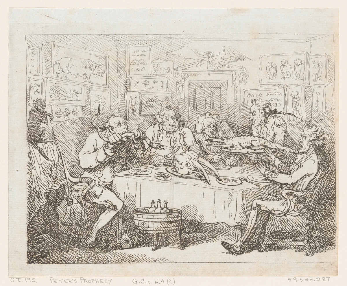 Sir Joseph Banks about to Eat an Alligator (‘The Fish Supper’) by Thomas Rowlandson, print, 1788-1799