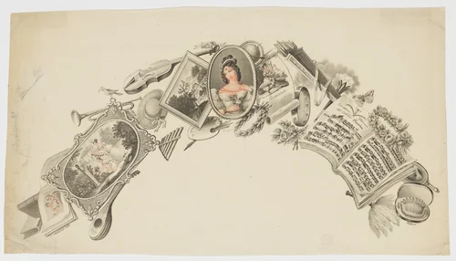 Fan leaf featuring Maria Malibran and musical motifs by Jean-Denis Nargeot, print, 1825-1836