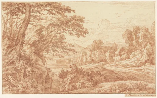 Landschap met rechts een landweg by Frans Boudewijns, drawing, 1740