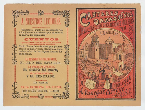 Cover for 'Cantares Oaxaqueños: Nueva Coleccion de Canciones Modernas para 1898', couples walking arm in arm on the outskirts of a town by José Guadalupe Posada, print, 1893-1903