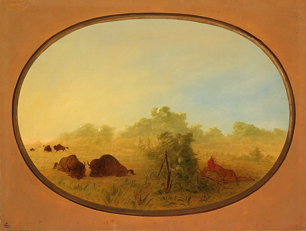 Pawnee Indians Approaching Buffalo by George Catlin, painting, 1861-1869