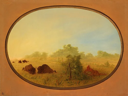 Pawnee Indians Approaching Buffalo by George Catlin, painting, 1861-1869