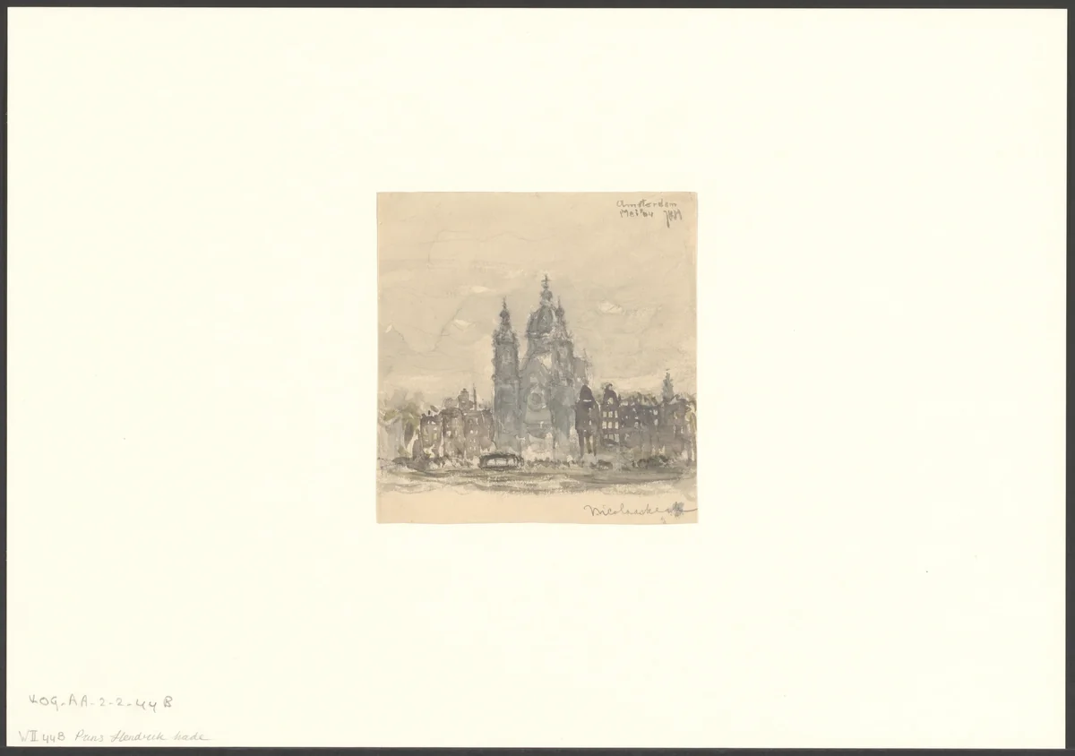 Gezicht op de Prins Hendrikkade met de façade van de Basiliek van de Heilige Nicolaas by anonymous, drawing, 1804-1904