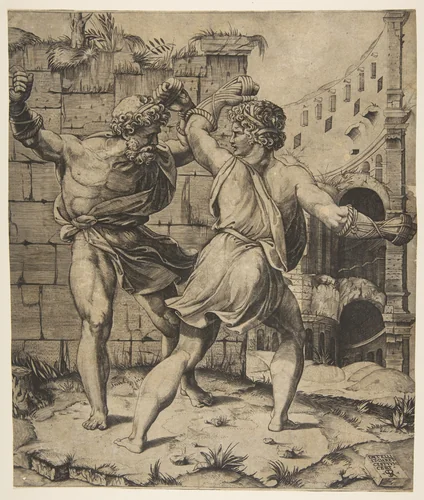 Entellus and Dares fighting in front of classical ruins by Marco Dente, print, 1520-1525