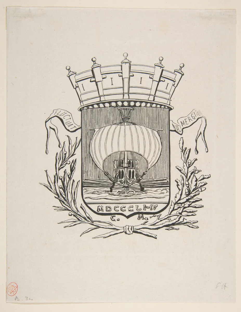 Coat-of-Arms Symbolic of the City of Paris with the motto: It Rocks But Does Not Sink by Charles Meryon, print, 1854