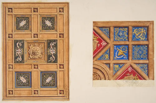 Two designs for paneled ceiling with painted decoration by Jules-Edmond-Charles Lachaise, drawing, 1820-1897