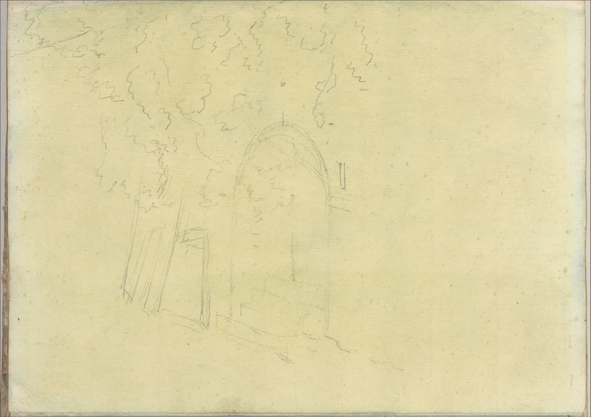 Trees next to an arched opening containing steps (Smaller Italian sketchbook, leaf 17 recto) by Joseph Wright, drawing, 1774-1775