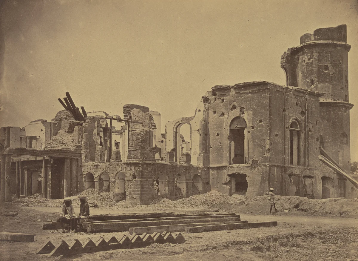 The Residency, Taken in Front, and Showing the Room in Which Sir Henry Lawrence was Killed, Lucknow by Felice Beato, photograph, 1858