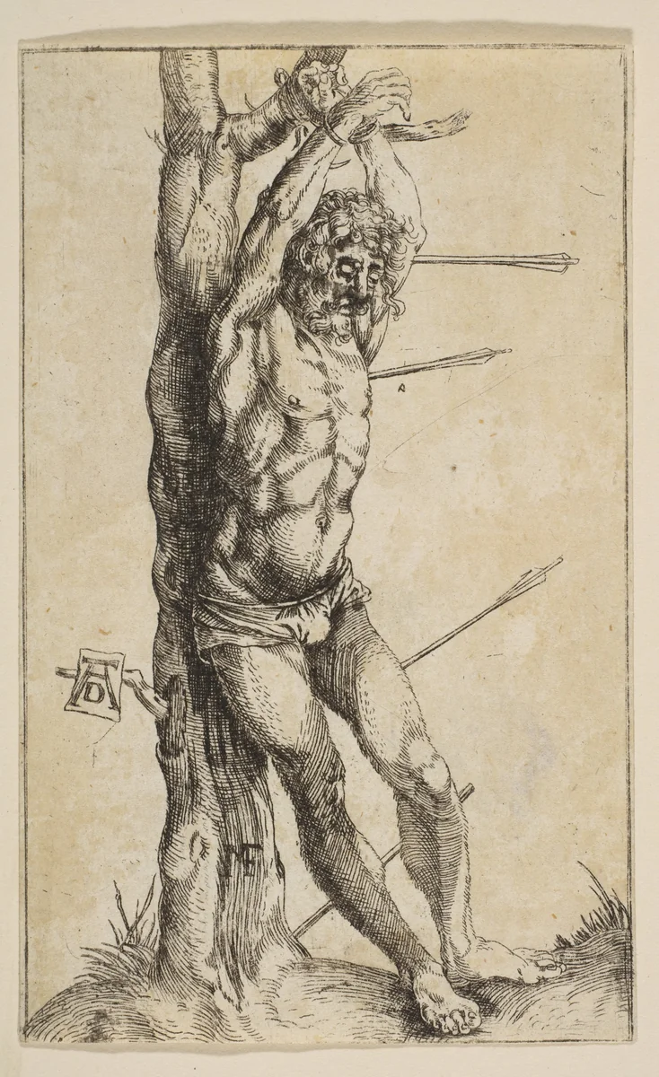 Saint Sebastian Tied to a Tree (reverse copy) by Albrecht Dürer, print, 1485-1600