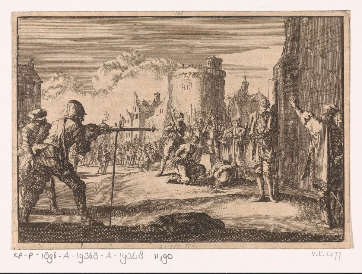 Te Jönköping wordt baron Gustav Skyte vanwege zeeroof met een haakbus neergeschoten, zijn makkers worden onthoofd, 1663 by Jan Luyken, print, 1698