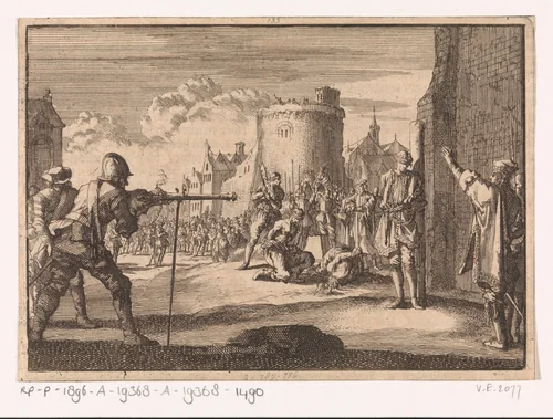 Te Jönköping wordt baron Gustav Skyte vanwege zeeroof met een haakbus neergeschoten, zijn makkers worden onthoofd, 1663 by Jan Luyken, print, 1698