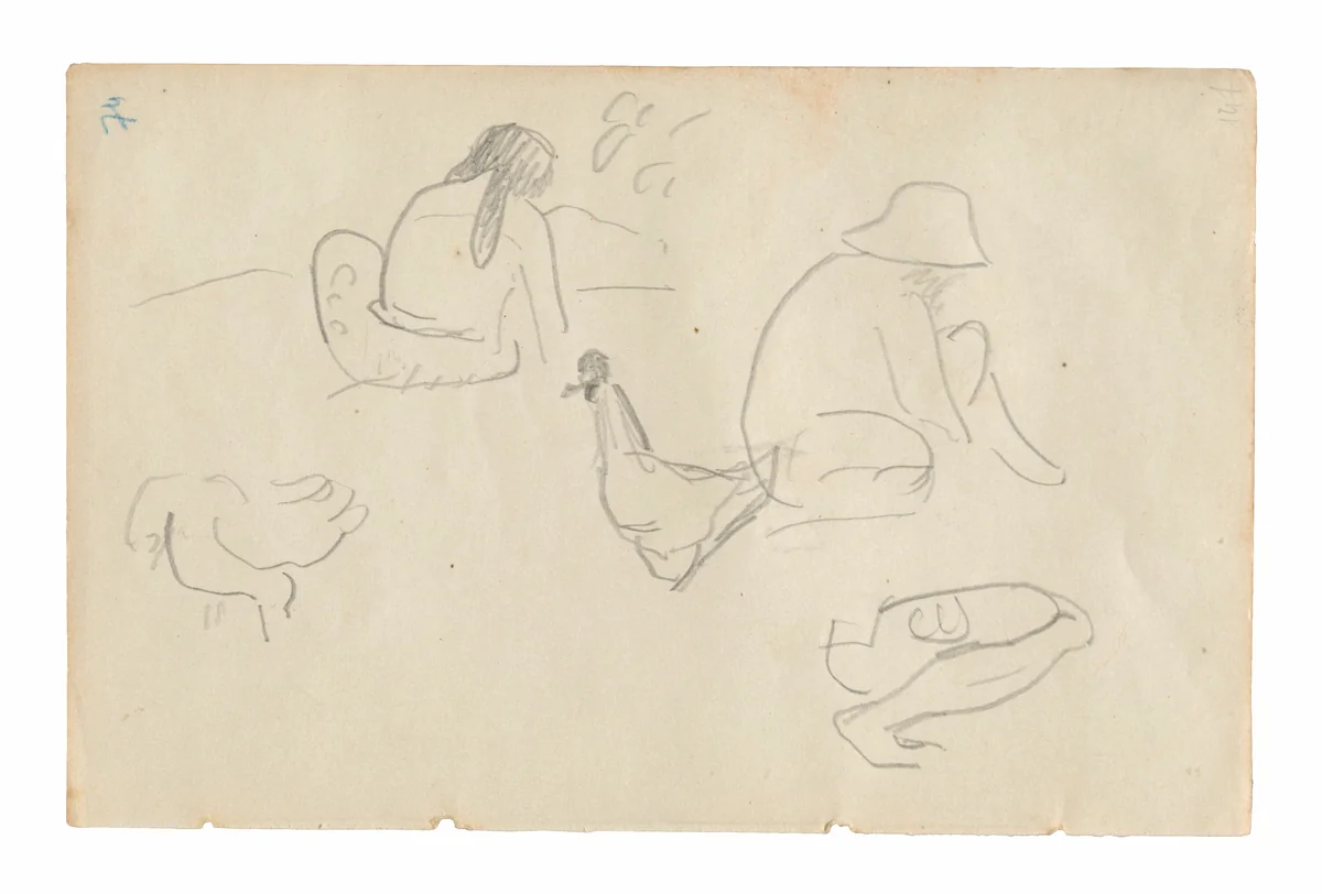 Sketches of Seated Figures and Chickens (recto), Nude Female Torso (related to the painting Te a no areois [The Seed of the Areoi]) (verso), from the Carnet de Tahiti (Tahitian sketchbook) by Paul Gauguin, drawing, 1891-1893