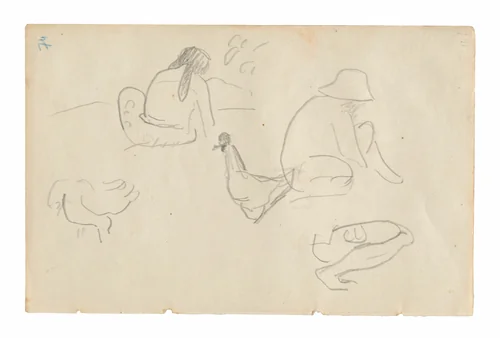 Sketches of Seated Figures and Chickens (recto), Nude Female Torso (related to the painting Te a no areois [The Seed of the Areoi]) (verso), from the Carnet de Tahiti (Tahitian sketchbook) by Paul Gauguin, drawing, 1891-1893
