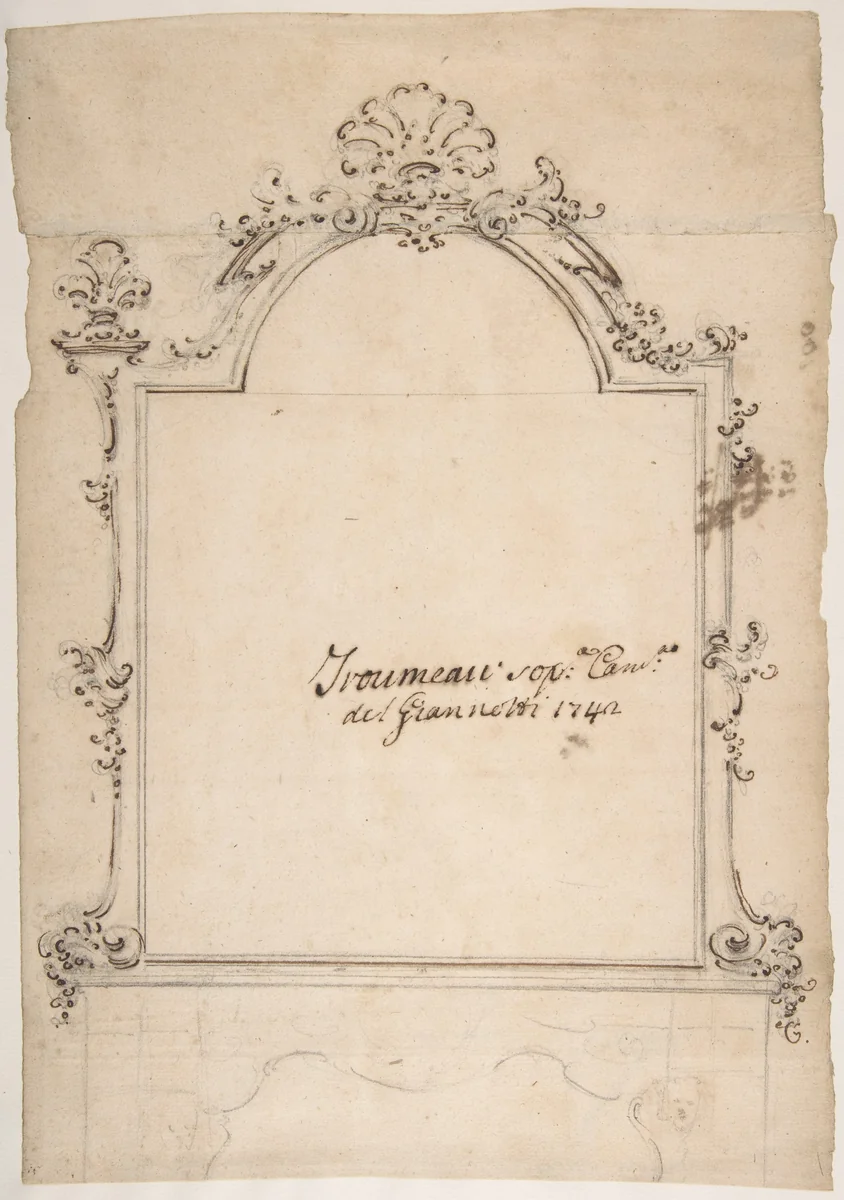 Design for a Carved Mirror Frame Surmounting a Mantle (Trumeau) by Domenico Silvestro Giannotti, drawing, 1742