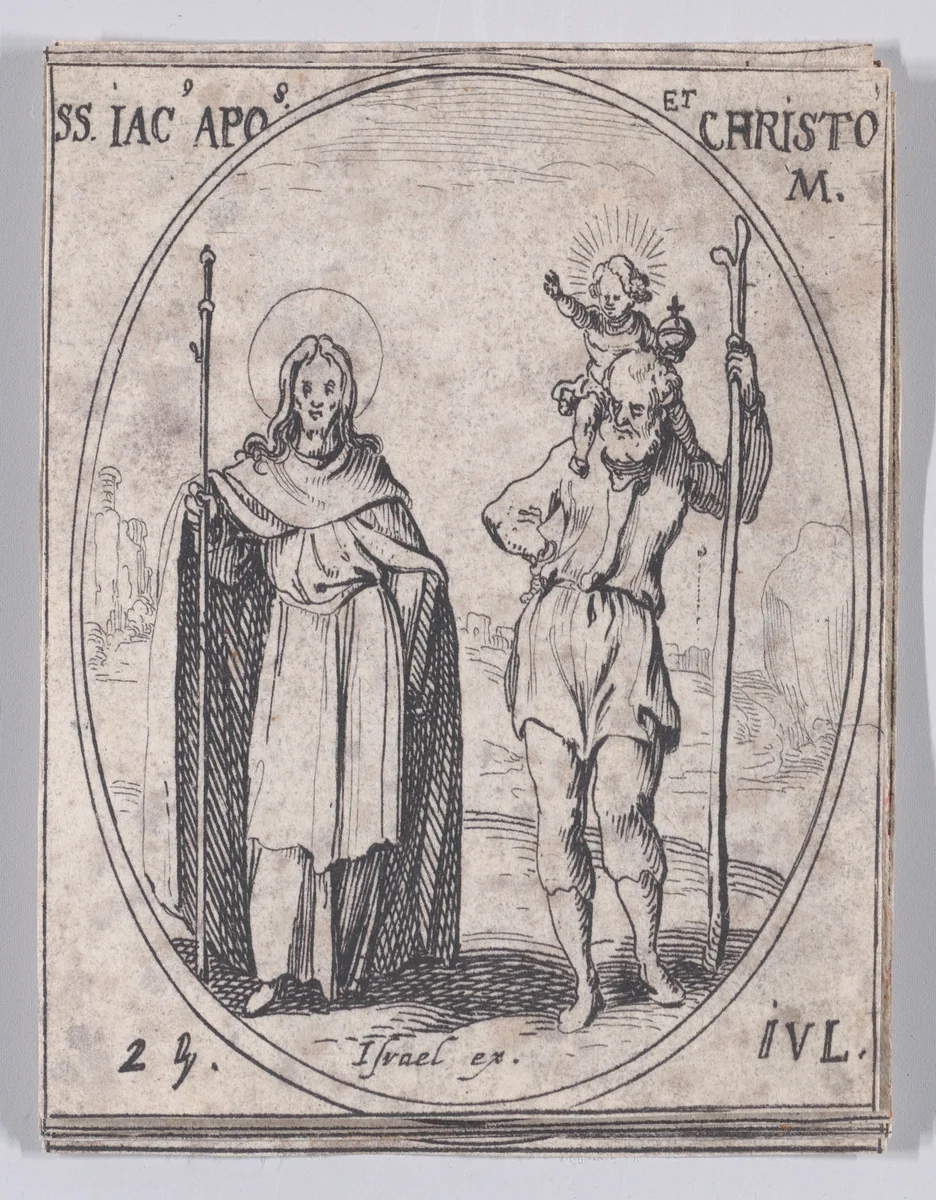 S. Jacques, apôtre et S. Christope (St. James, Apostle and St. Christopher), July 25th, from "Les Images De Tous Les Saincts et Saintes de L'Année" (Images of All of the Saints and Religious Events of the Year) by Jacques Callot, print, 1636