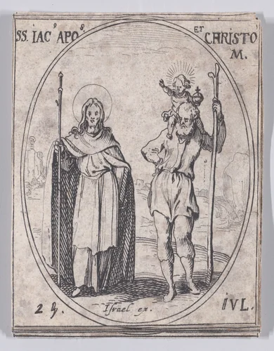 S. Jacques, apôtre et S. Christope (St. James, Apostle and St. Christopher), July 25th, from "Les Images De Tous Les Saincts et Saintes de L'Année" (Images of All of the Saints and Religious Events of the Year) by Jacques Callot, print, 1636