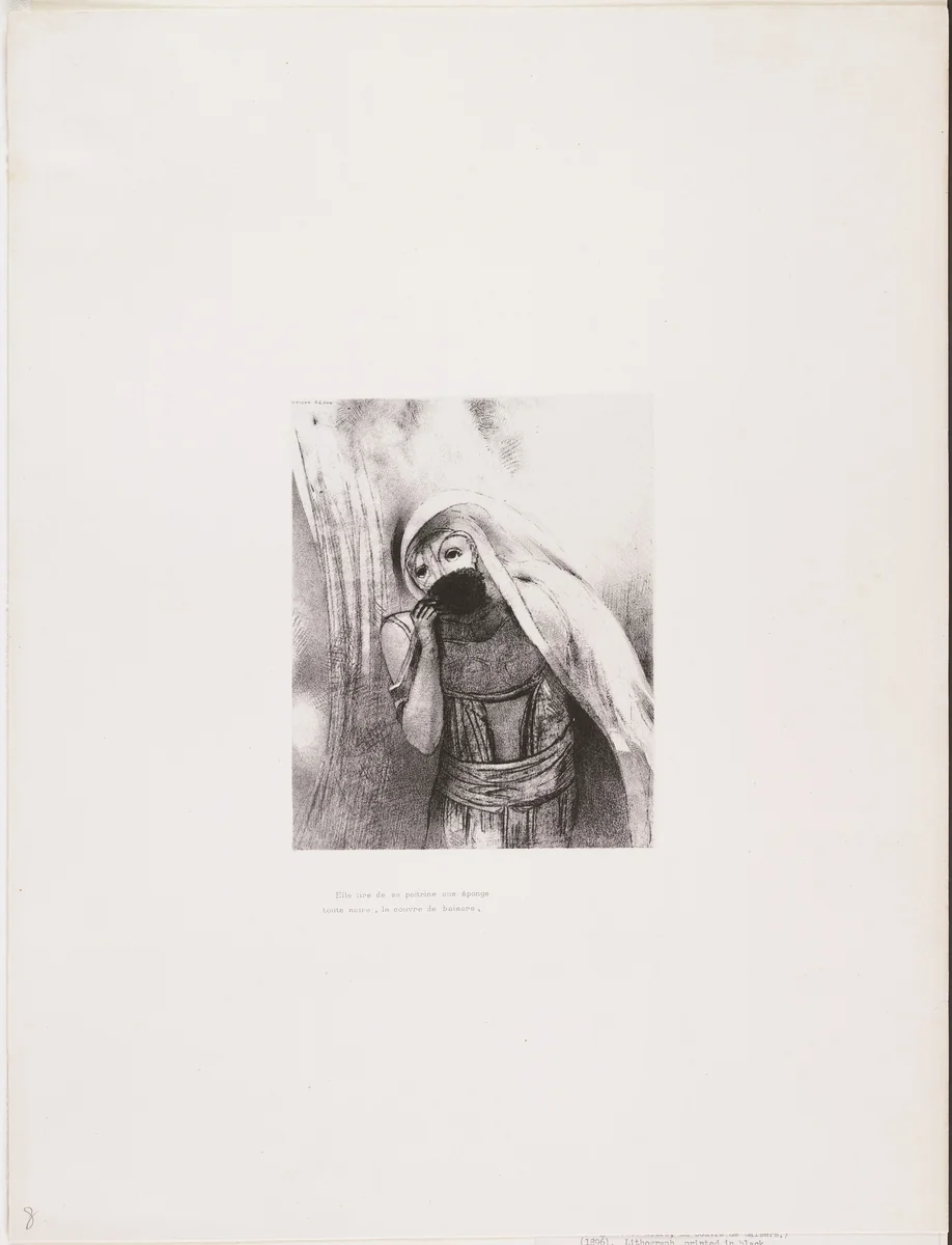 She Draws from Her Bosom a Sponge, Perfectly Black, and Covers It with Kisses (Elle tire de sa poitrine une éponge toute noire, la couvre de baisers) from The Temptation of Saint Anthony (La Tentation de Saint-Antoine) by Odilon Redon, print, 1896