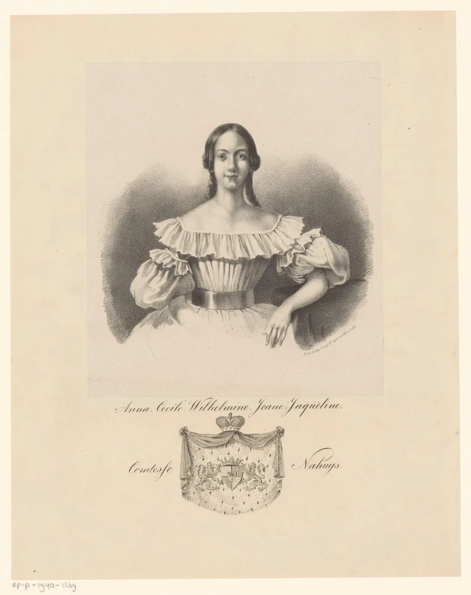 Portret van kunstenares Anna Cecile Wilhelmina Jeanette Jacqueline de Jong van Beek en Donk - Nahuys by anonymous, print, 1834-1841