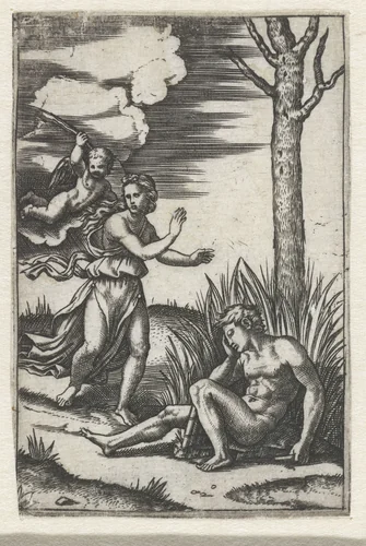 Slapende man en nimf achtervolgd door Amor by Marcantonio Raimondi, print, 1510-1527
