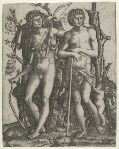 Apollo standing at the left, his hand resting on the shoulder of Hyacinthus, Cupid in the lower right by Marcantonio Raimondi, print, 1506