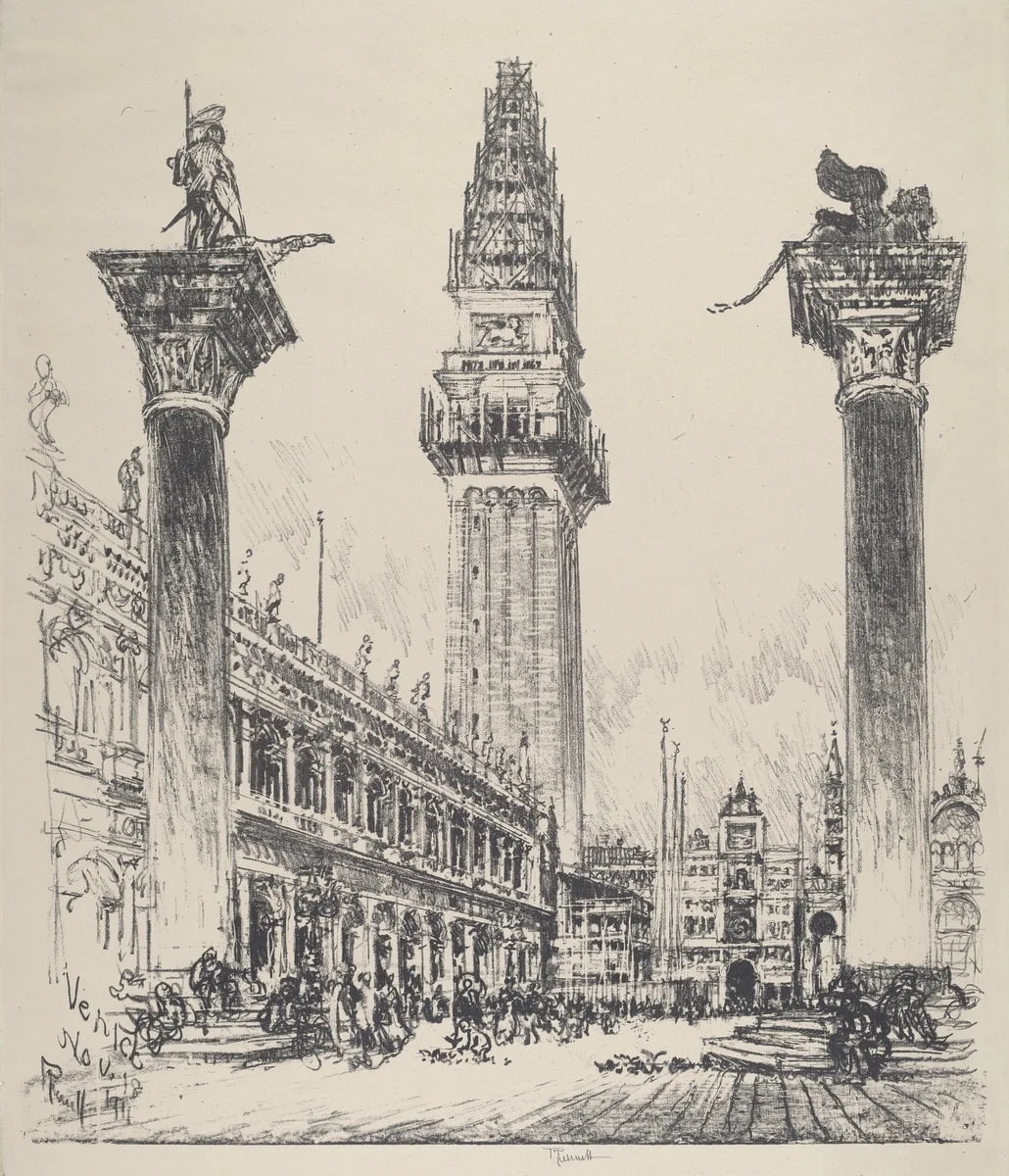 Venice, Rebuilding the Campanile by Joseph Pennell, print, 1911