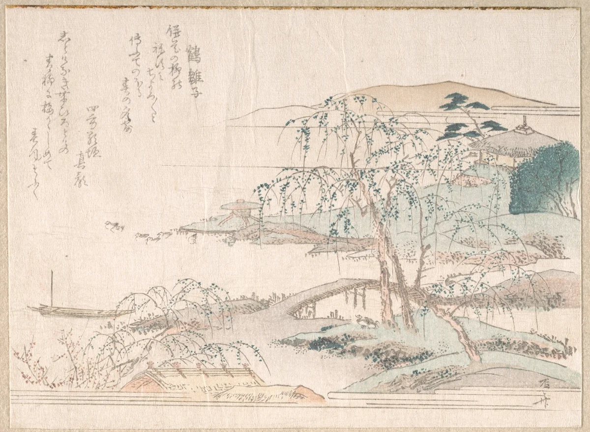 Landscape with Willow Trees by Ryūryūkyo Shinsai (柳々居辰斎), print, 1800-1899