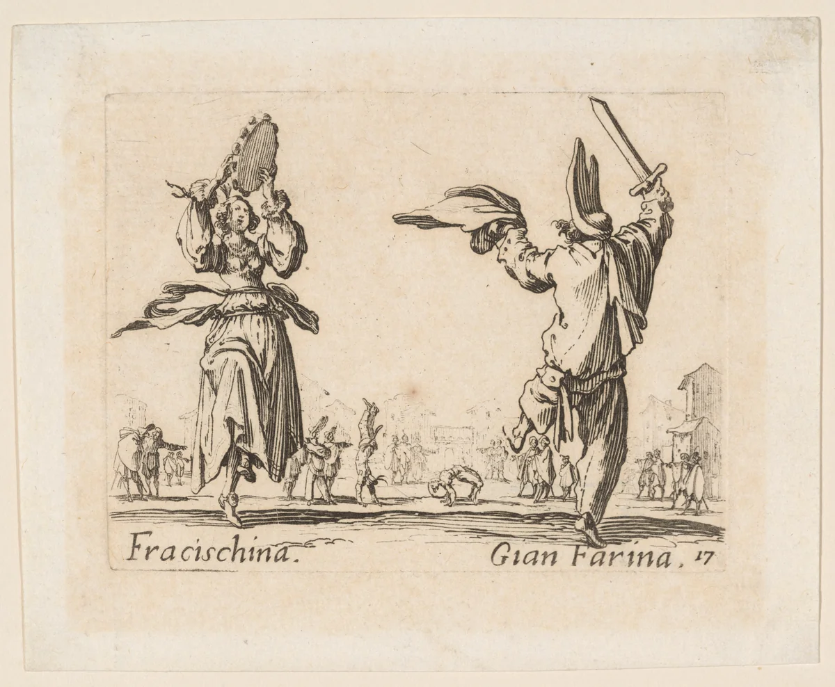 Fracischina and Gian Farina, plate 17 from "Balli di Sfessania" (Dance of Sfessania) by Jacques Callot, print, 1621-1622