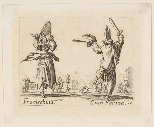 Fracischina and Gian Farina, plate 17 from "Balli di Sfessania" (Dance of Sfessania) by Jacques Callot, print, 1621-1622
