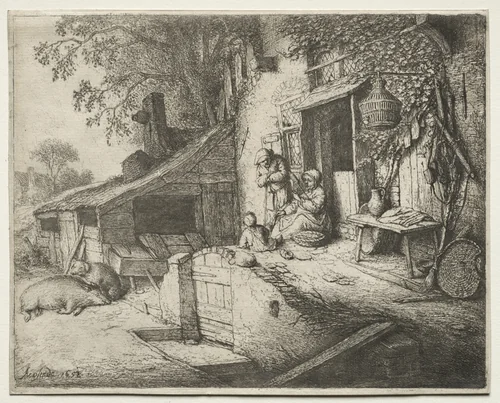 The Woman Spinning by Adriaen van Ostade, print, 1647-1657
