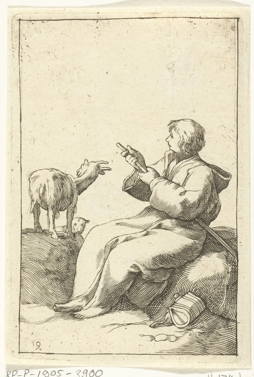 Zittende geitenhoeder by anonymous, print, 1635-1709