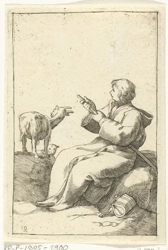 Zittende geitenhoeder by anonymous, print, 1635-1709